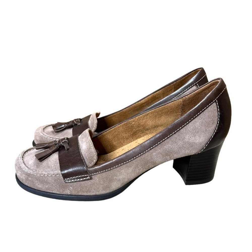 Naturalizer FYRE Leather Suede Tan & Brown Kiltie Loafer Shoes - Size 8M